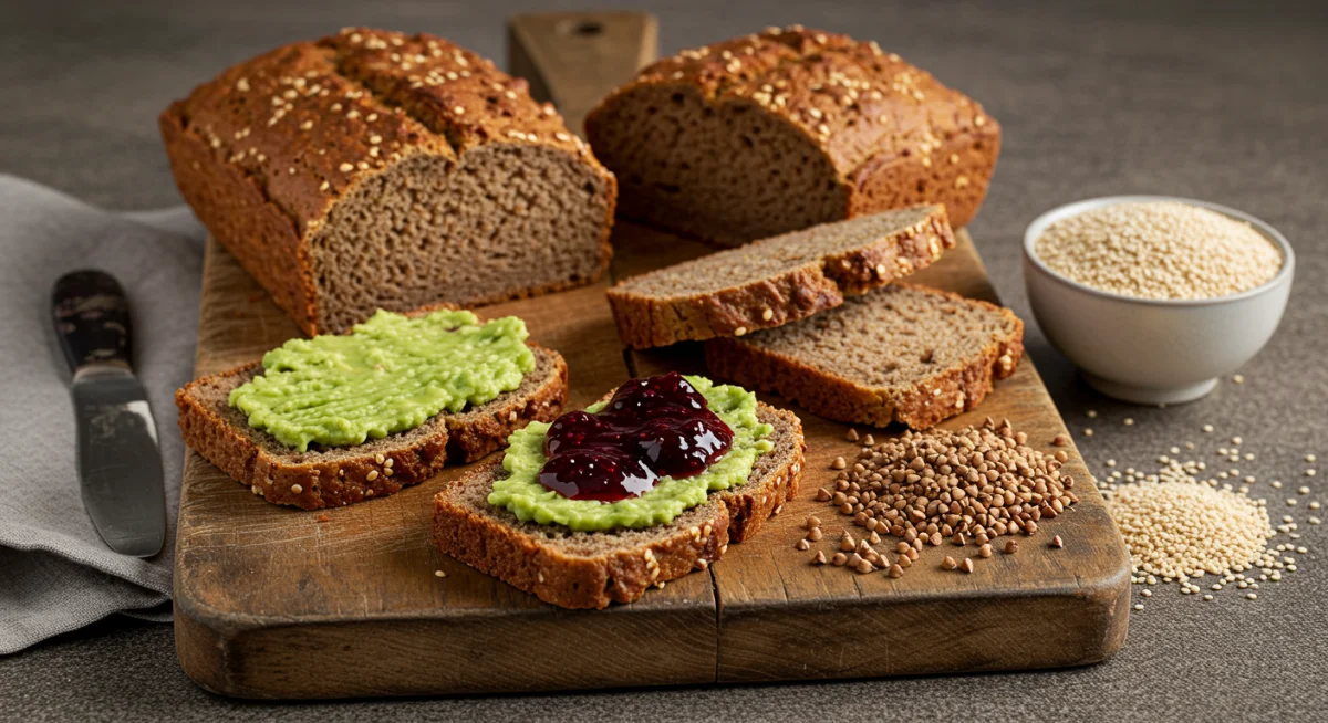 Freshly baked amaranth and buckwheat bread with toppings on a cutting board.