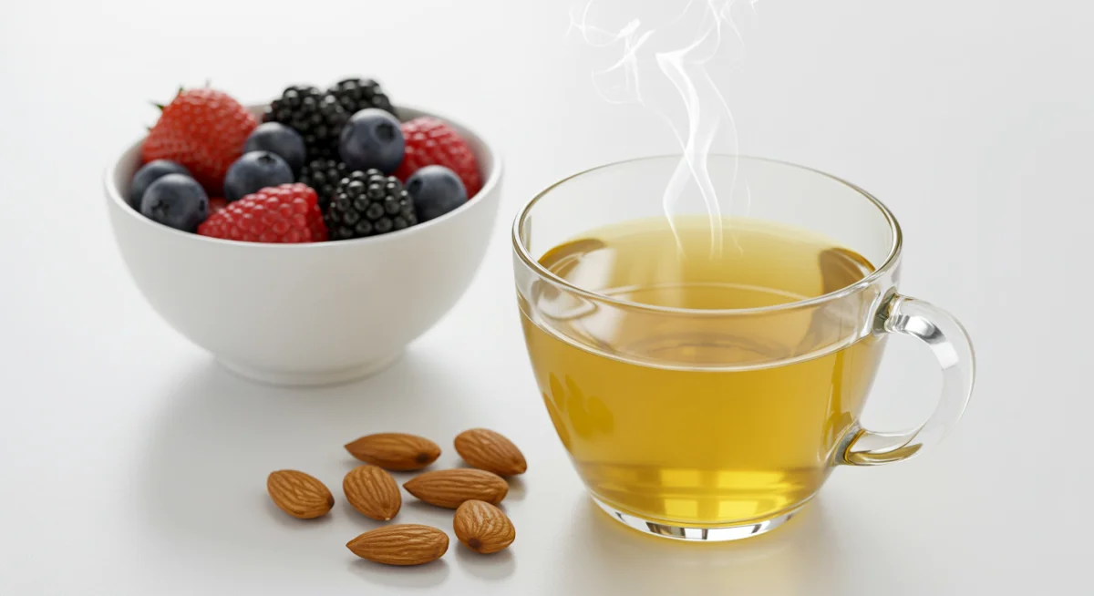 Green tea, berries, and almonds on a table, symbolizing antioxidant intake for brain health.