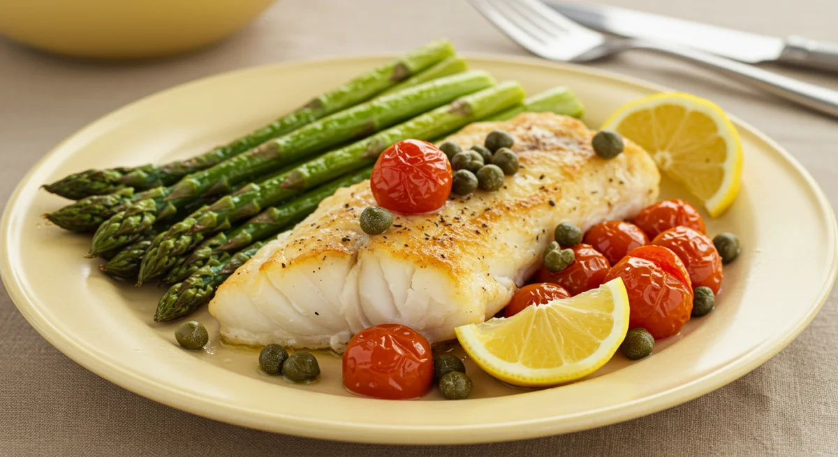Baked cod with tomatoes, capers, and roasted asparagus