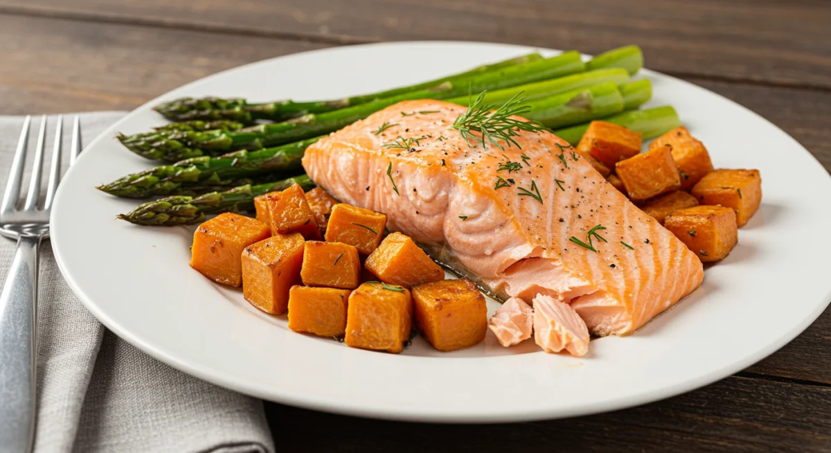 Baked Salmon with Roasted Asparagus and Sweet Potato for a balanced dinner.
