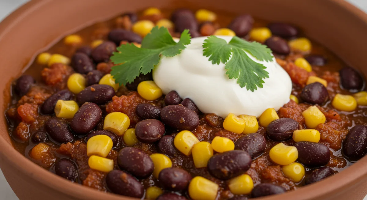 Hearty black bean and corn chili, rich in plant-based protein