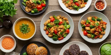 Colorful and healthy dinner spread with various budget-friendly dishes