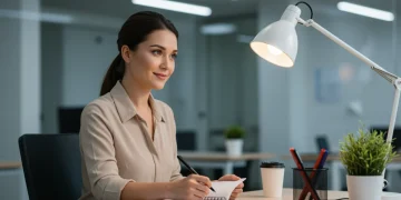 Woman calmly managing office tasks, showcasing resilience to workplace stress