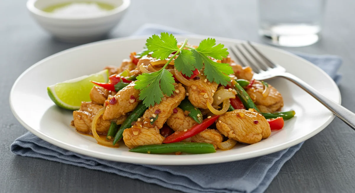 Vibrant chicken and vegetable stir-fry garnished with cilantro and lime.