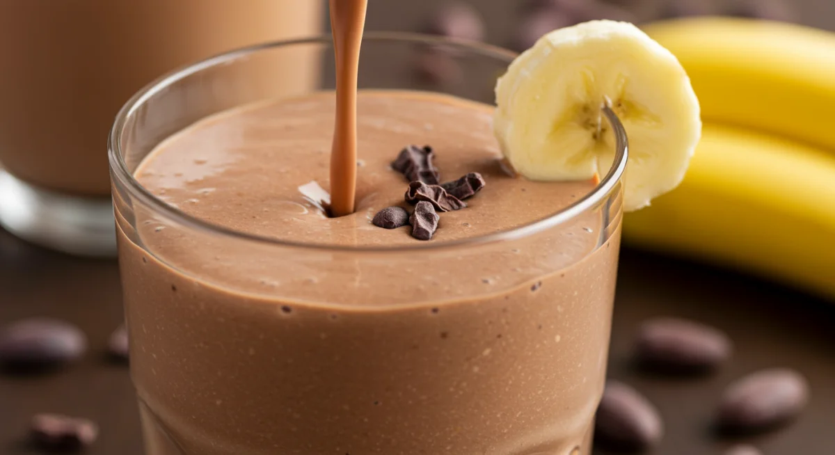 Delicious chocolate protein smoothie being prepared