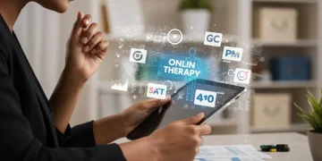 Thoughtful person choosing online therapy platform on tablet with data insights 2025