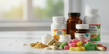Assortment of dietary supplements and vitamins on a clean surface