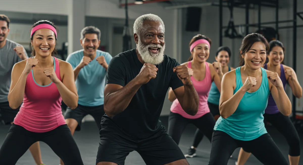 Diverse group enjoying dynamic fitness class together
