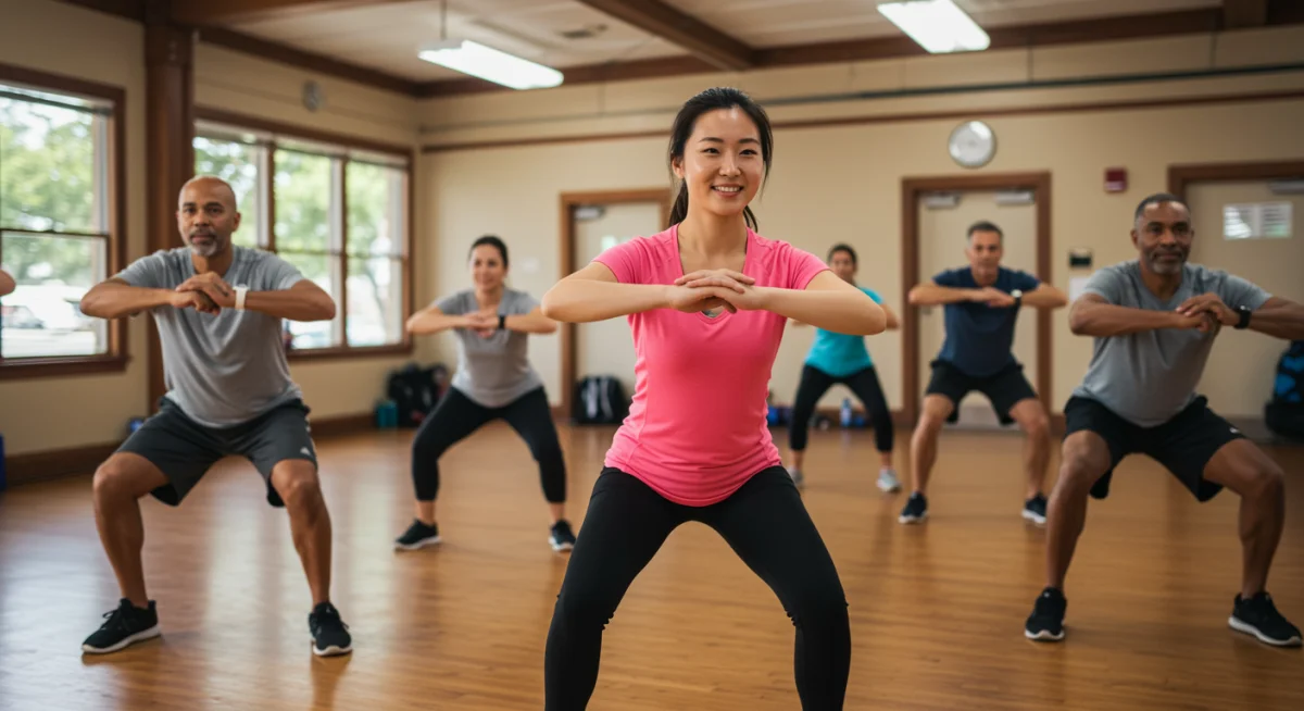 Diverse group in low-impact exercise class for longevity
