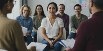 People discussing mental health support in a diverse group setting
