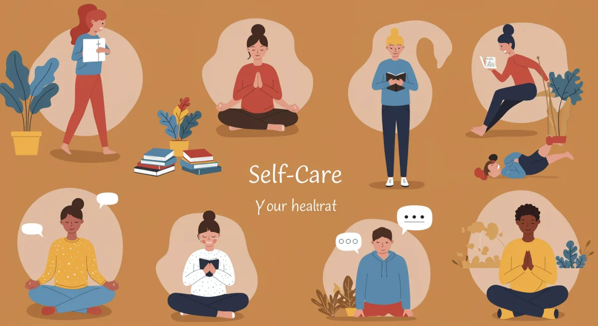 Diverse individuals practicing self-care and mental wellness activities.