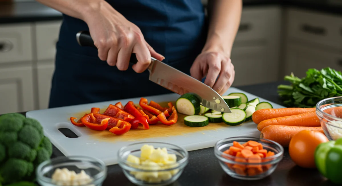 Person quickly chopping fresh vegetables for meal prep
