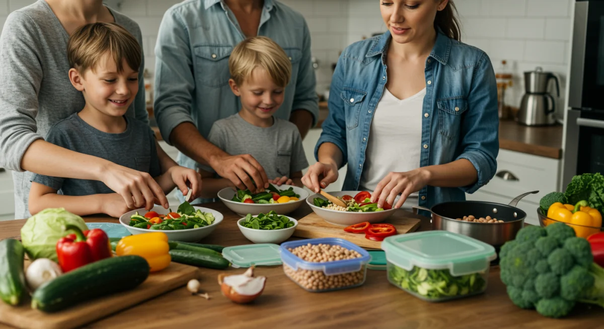Family preparing a healthy meal with fresh, sustainable ingredients in a brightly lit kitchen.