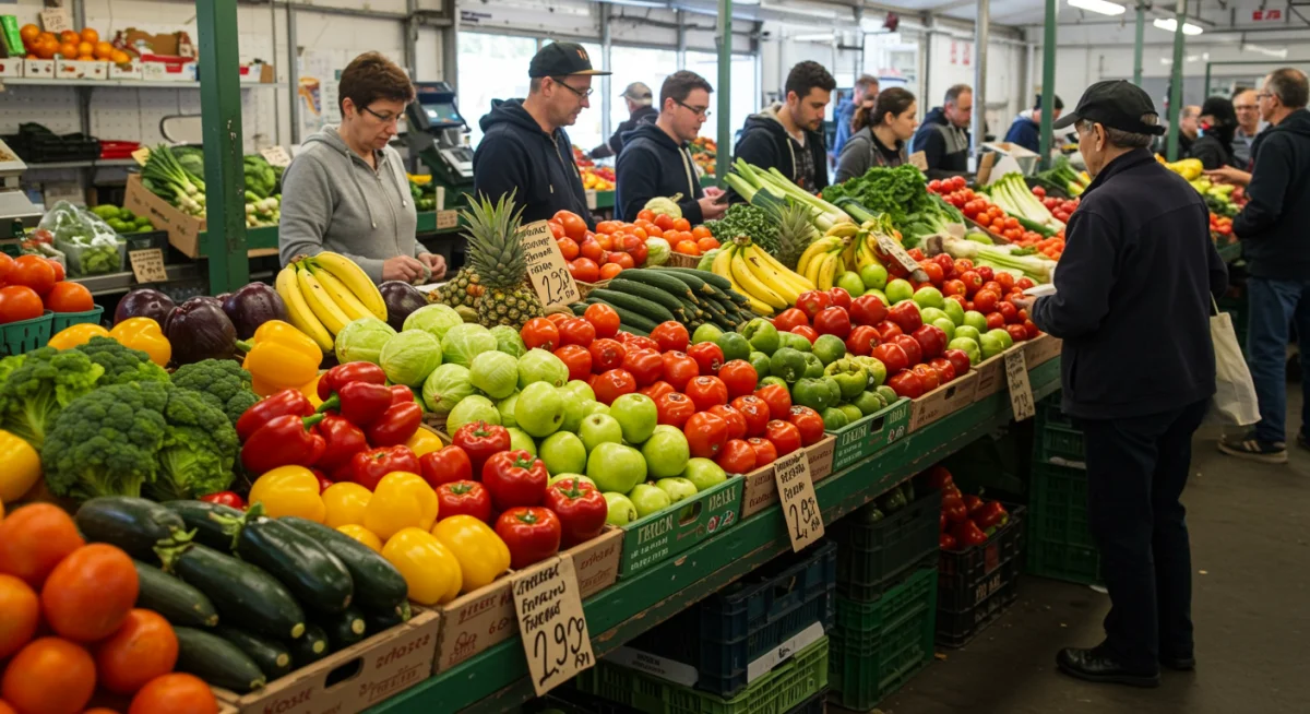 Vibrant farmers market with fresh, affordable produce