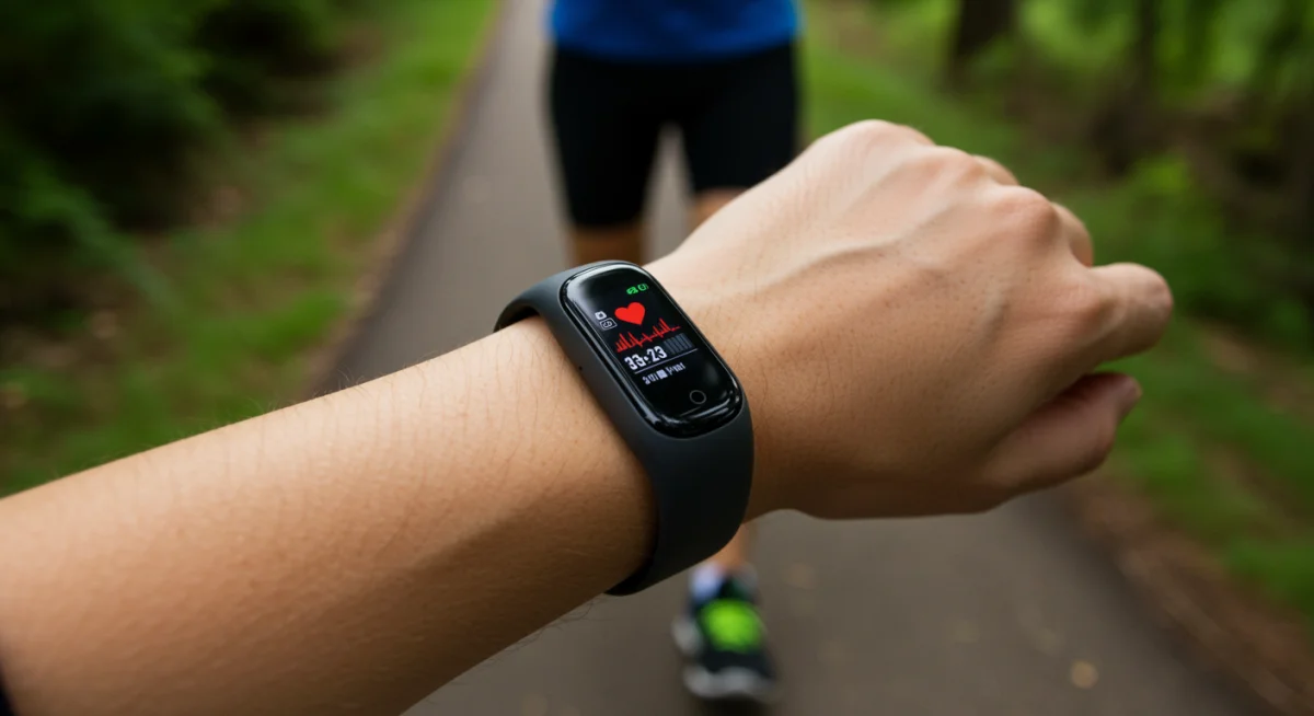 Advanced fitness tracker showing heart rate during outdoor run