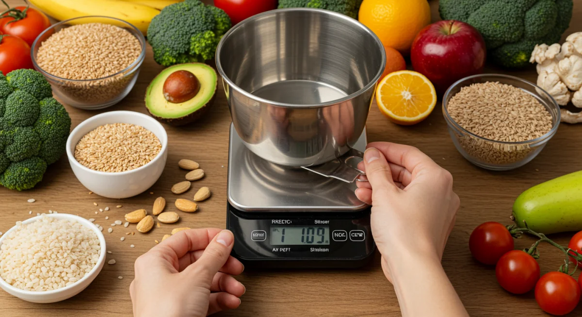 Person meticulously weighing food for macronutrient tracking