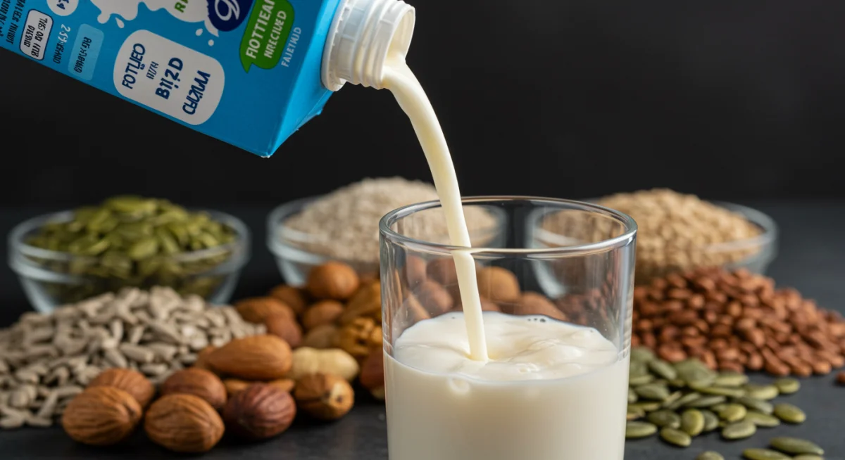 Fortified plant milk pouring into a glass, showcasing essential nutrients