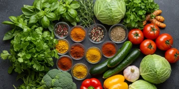 Assortment of fresh herbs and colorful spices on a kitchen counter, ready for healthy cooking.