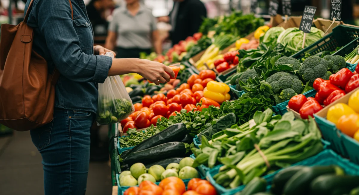 Person choosing fresh produce at a market for brain-boosting meals.