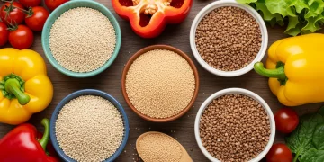 Assorted gluten-free grains and fresh vegetables on a wooden table, emphasizing healthy eating.