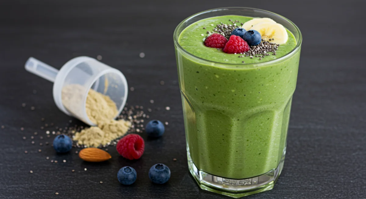 Refreshing green plant-based protein smoothie with berries
