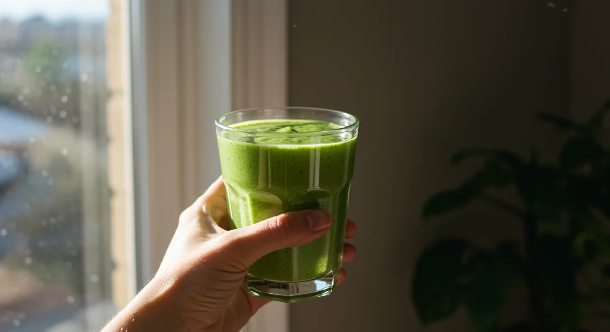 Hand holding a refreshing green smoothie for daily nutrient intake.