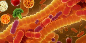 Microscopic view of diverse gut bacteria with dietary elements