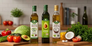 Assortment of healthy cooking oils and fresh ingredients on a kitchen counter.