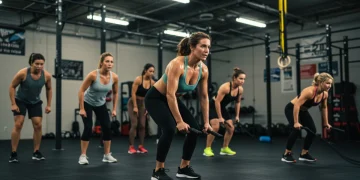Diverse group performing HIIT exercises in a modern gym, focused and energetic.