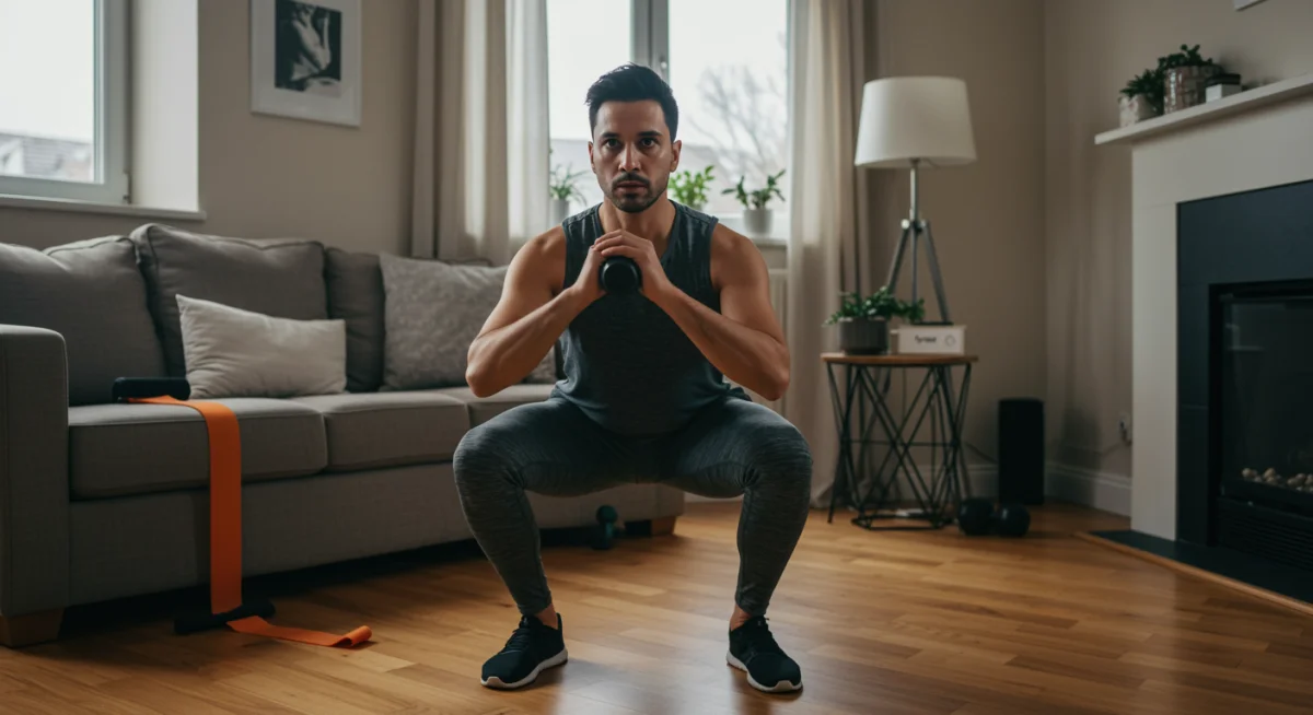 Individual performing a bodyweight squat in a home setting as part of a beginner fitness routine.