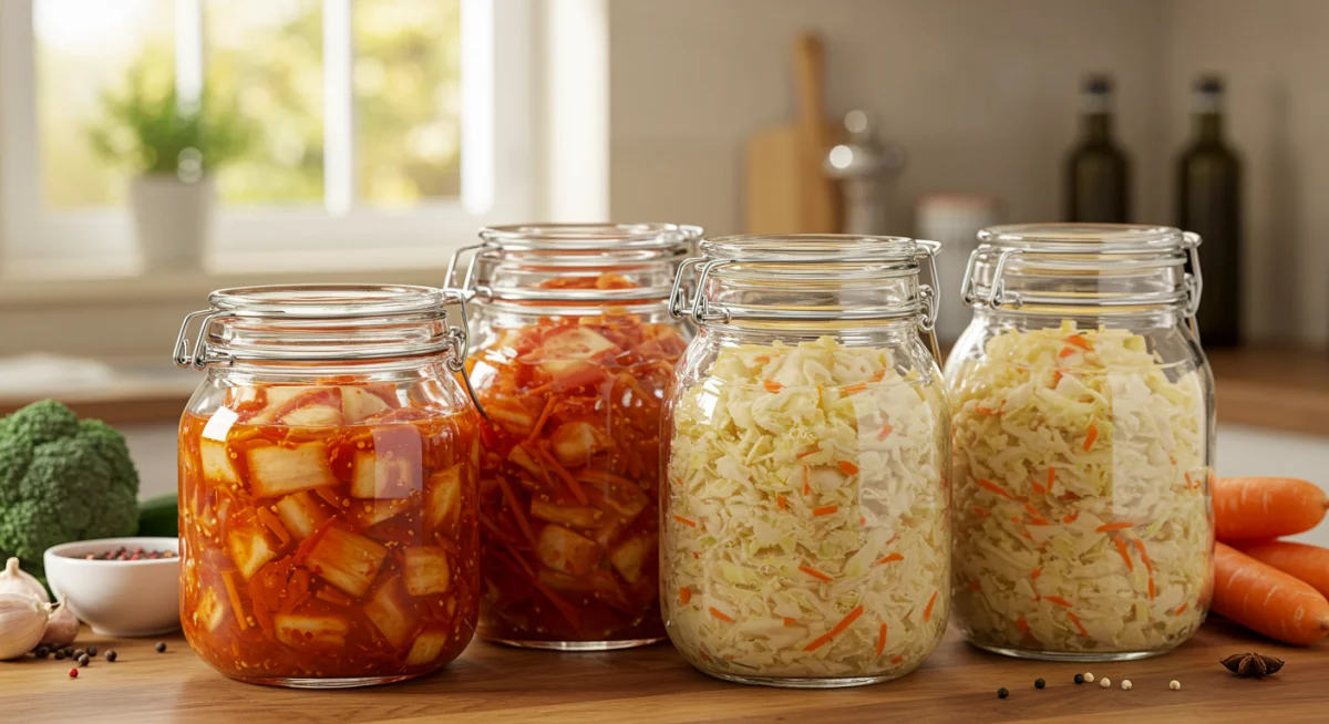Fermentation jars with kimchi and sauerkraut, emphasizing probiotic-rich foods