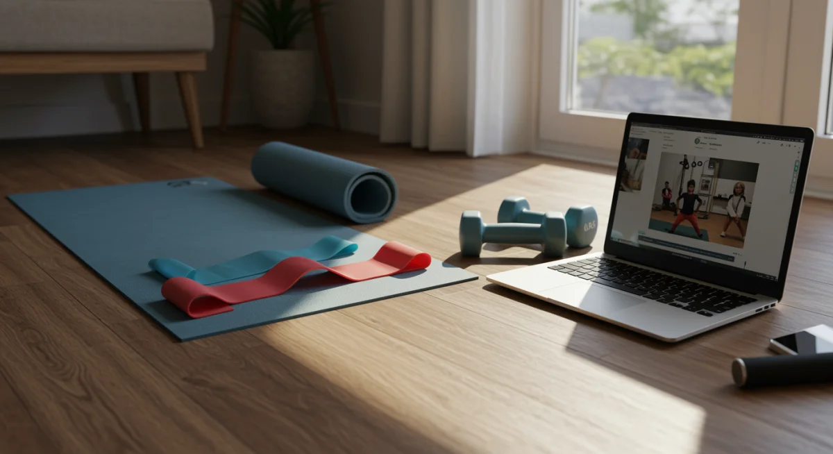 Well-equipped home gym with yoga mat and weights