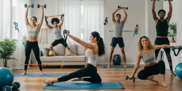 People performing diverse home workouts in a modern, well-lit living space, showcasing dedication and fitness.