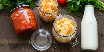 Assortment of homemade fermented foods kimchi, sauerkraut, and kefir on a wooden table, emphasizing gut health.