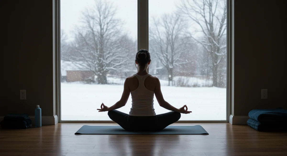 Indoor yoga session during winter, emphasizing adapting workouts to cold weather.