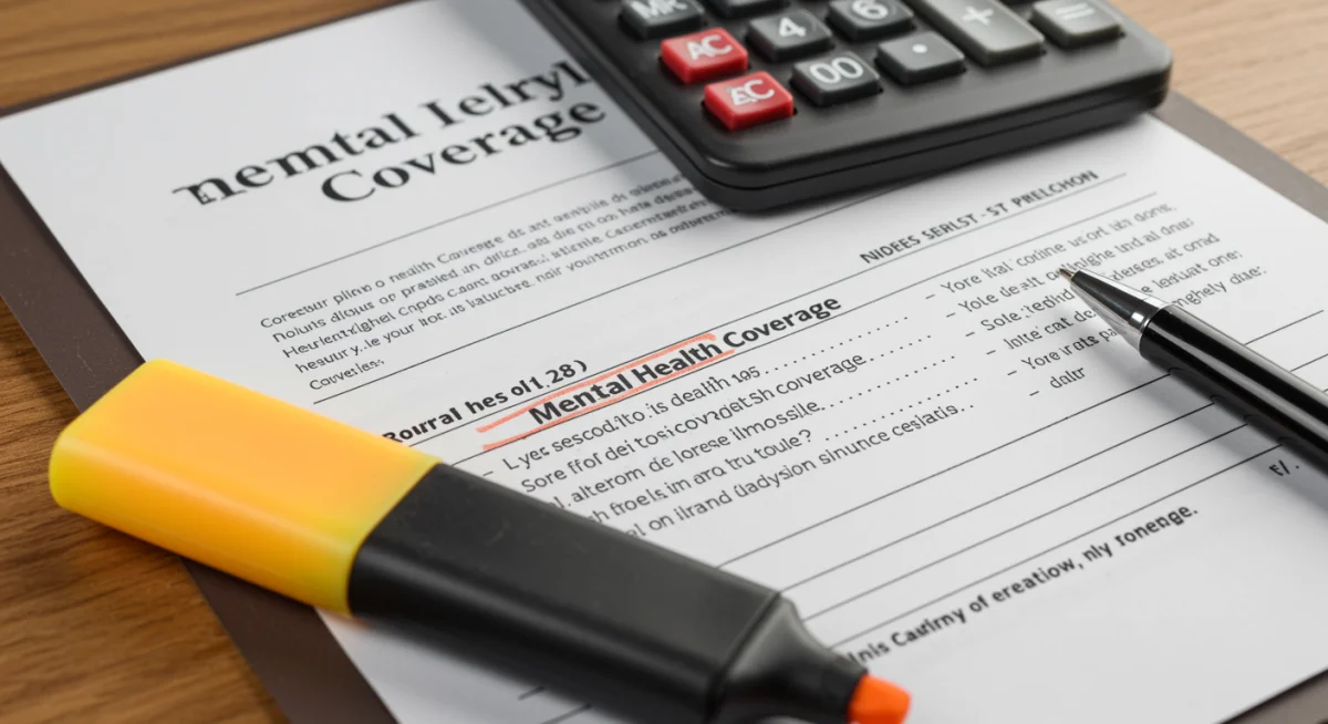 Reviewing mental health coverage details in an insurance policy document with a calculator