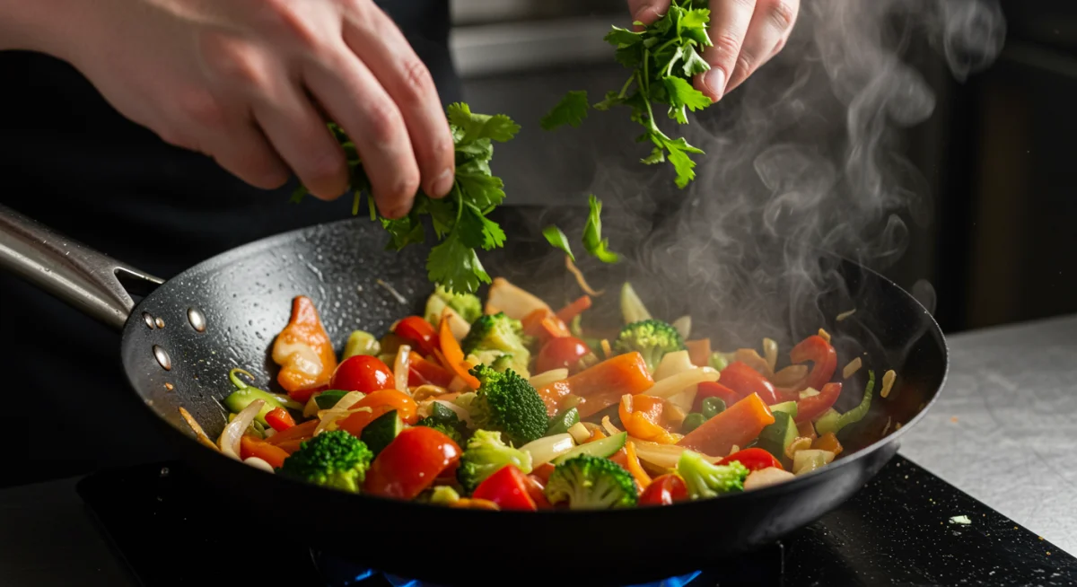 Hands preparing a vibrant vegetable stir-fry from leftover ingredients