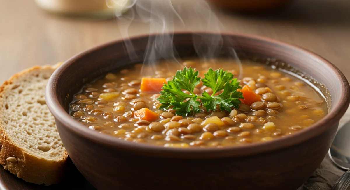 Hearty lentil soup with fresh parsley and whole-grain bread