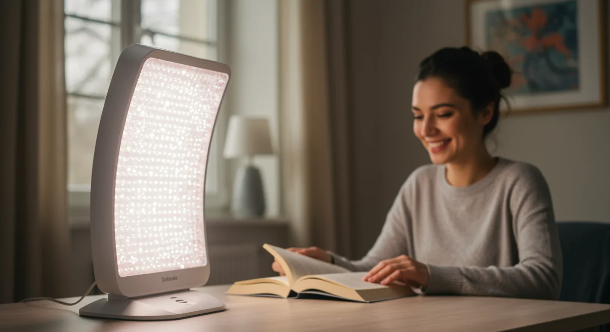 Light therapy lamp in a cozy room, battling SAD