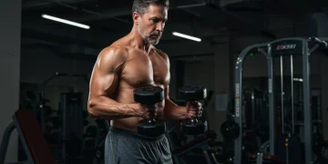 Man over 40 building muscle with dumbbells in a gym