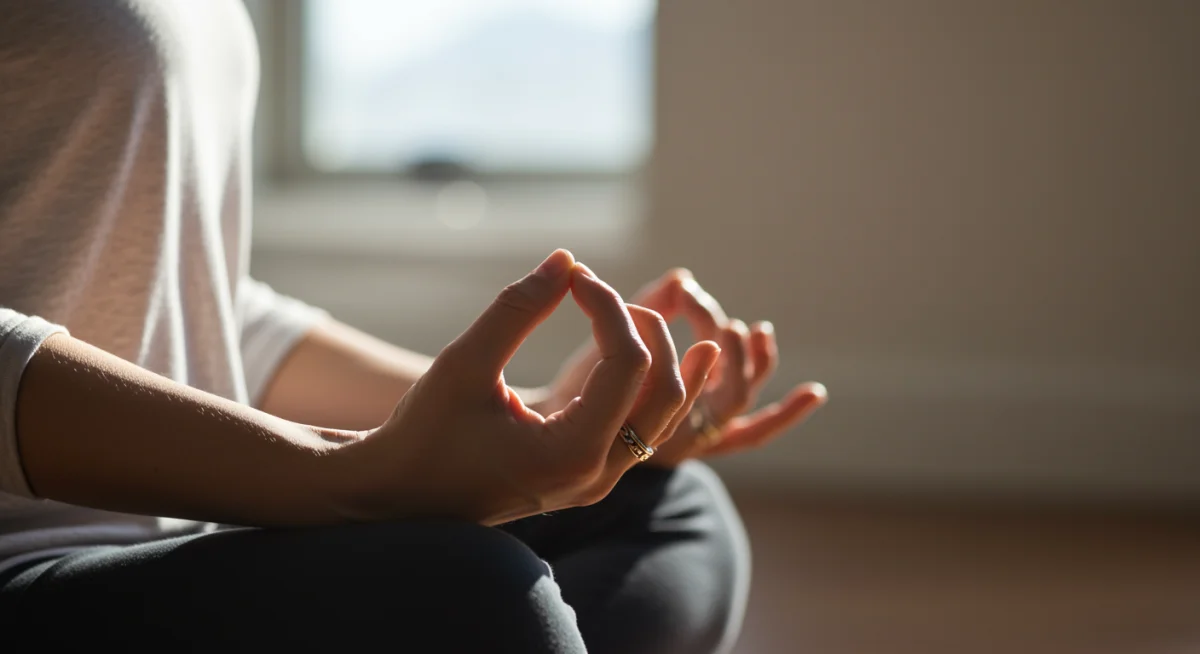 Hands in meditation gesture, symbolizing intentional breathing and focus
