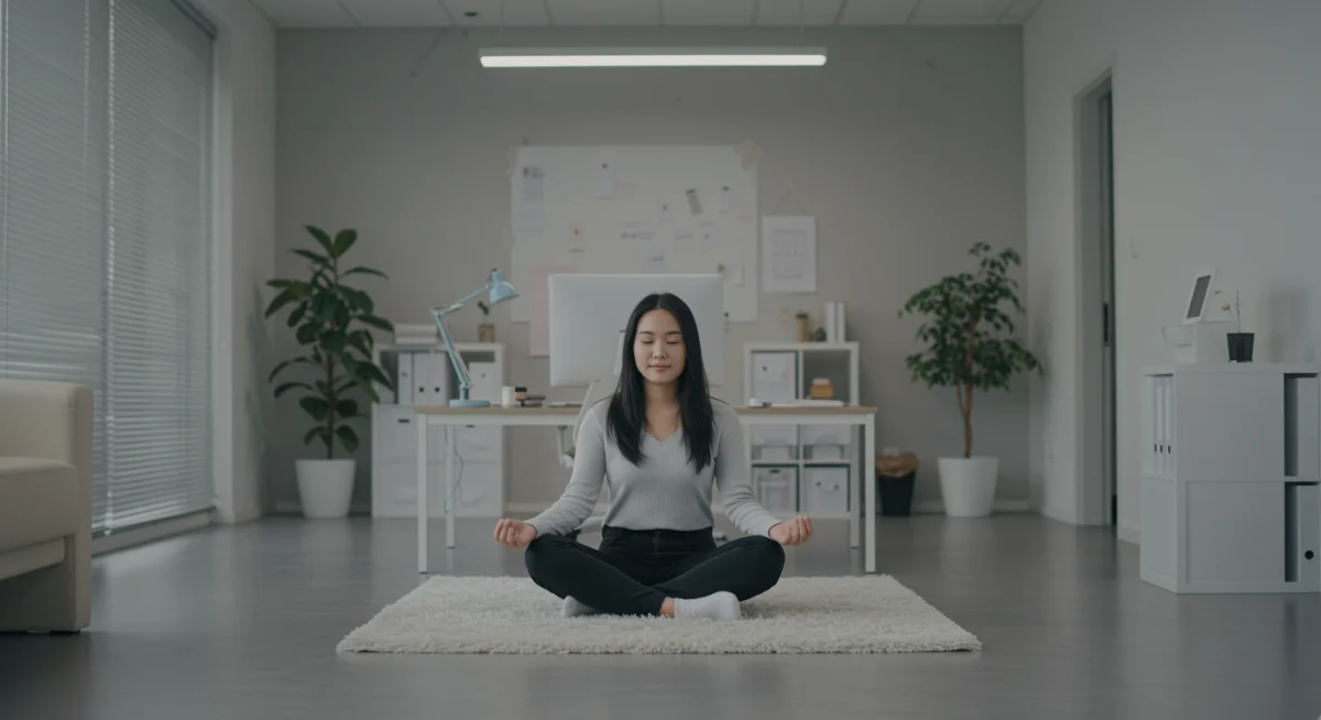 Person meditating in office for stress relief and mindfulness