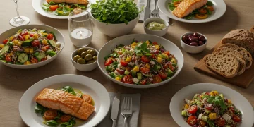 Mediterranean dinner spread with salmon, quinoa, and fresh vegetables for heart health
