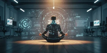 Person meditating for mental clarity in a futuristic office for 2025 peak performance