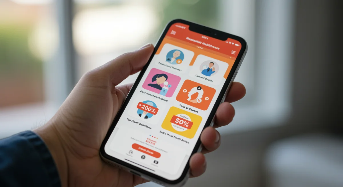 Smartphone displaying mental health app with affordable options