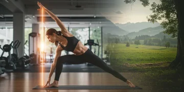 Woman performing a mindful yoga pose in a modern fitness setting, symbolizing mind-body connection