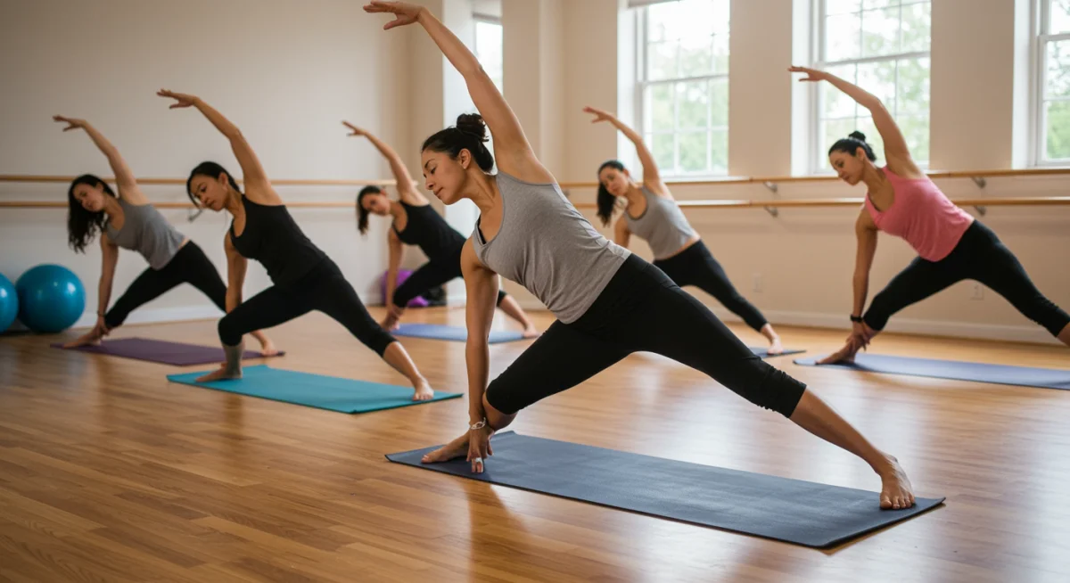 Group practicing mindful movement exercises like yoga or Pilates in a bright studio