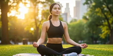 Woman meditating outdoors at sunrise in a park, practicing mindfulness for anxiety reduction.