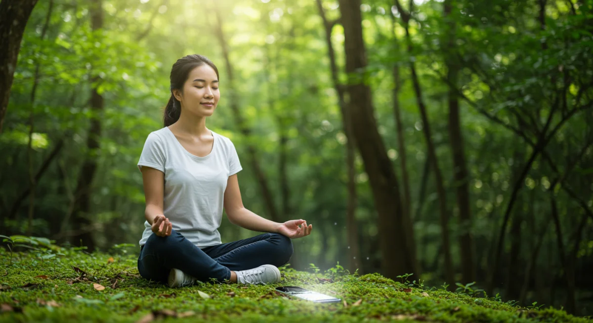 Person practicing mindfulness outdoors, promoting digital well-being.