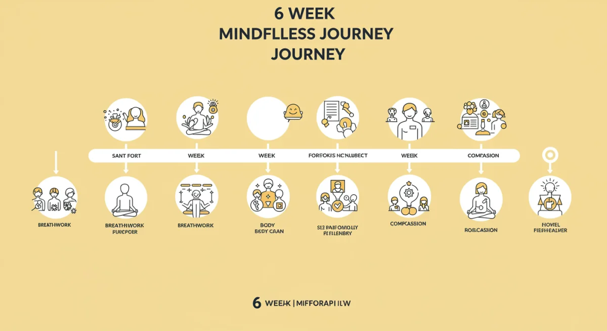 Infographic detailing the weekly progression of a 6-week mindfulness anxiety reduction program.